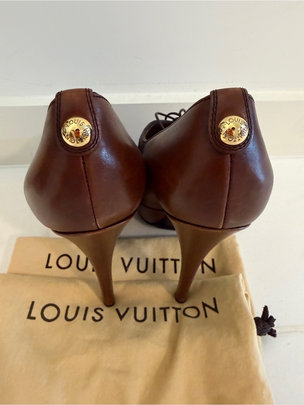 Louis Vuitton Brown Leather Peep-Toe Lace-Up Pumps - Picture 4 of 11